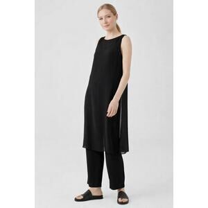 Eileen Fisher Sheer Silk Georgette Bateau Neck Top L Black Calf Length Side Slit